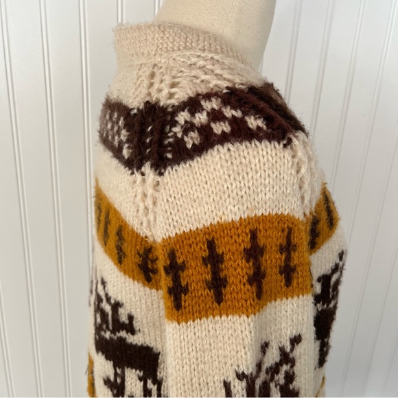 Vintage Cardigan Sweater Moose Stripes Checkerboard Mustard Handmade Cowichan - Picture 7 of 15